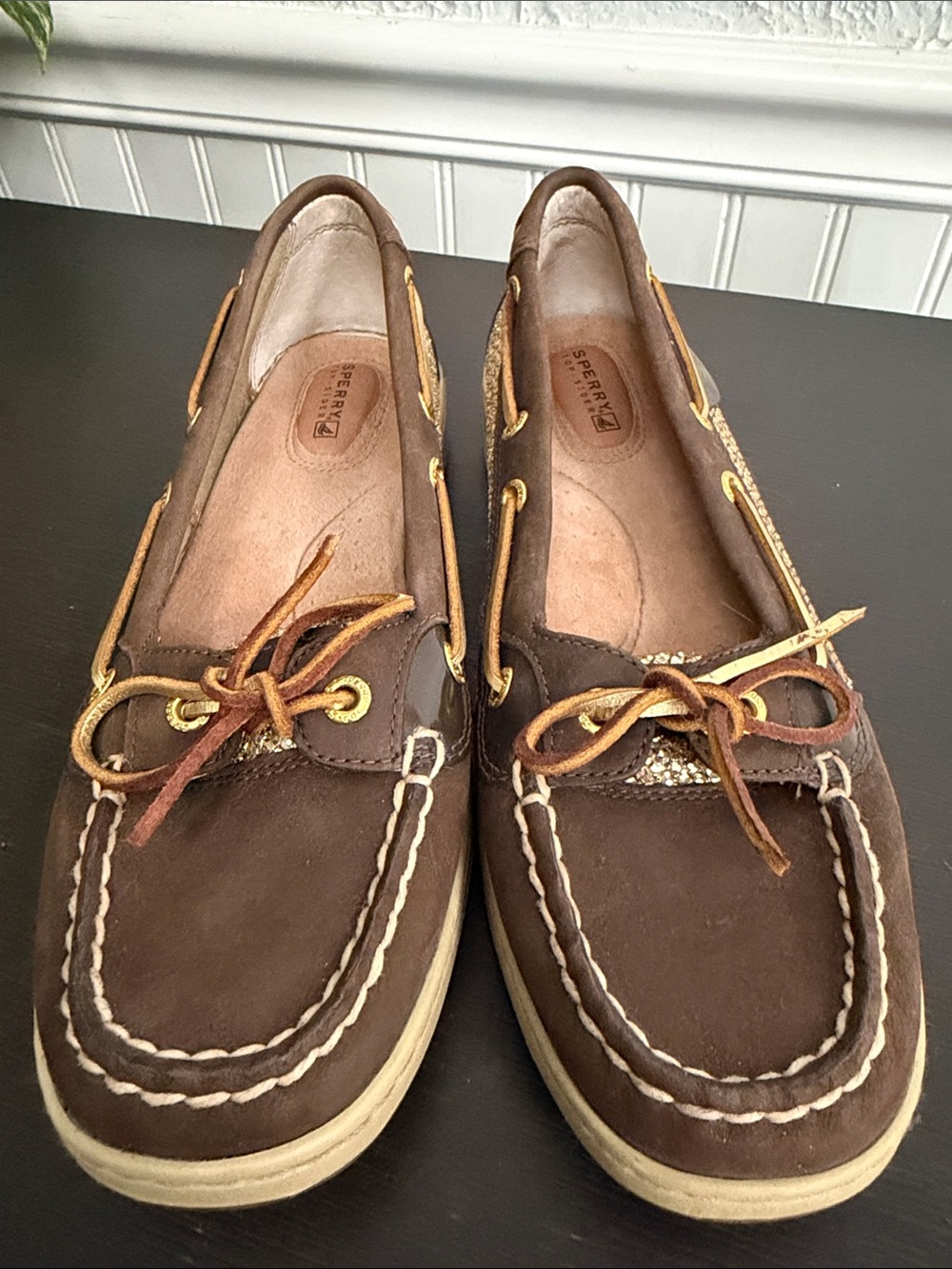 Sperry Women's Brown Leather Moccasin Boat Shoes with Tan Laces